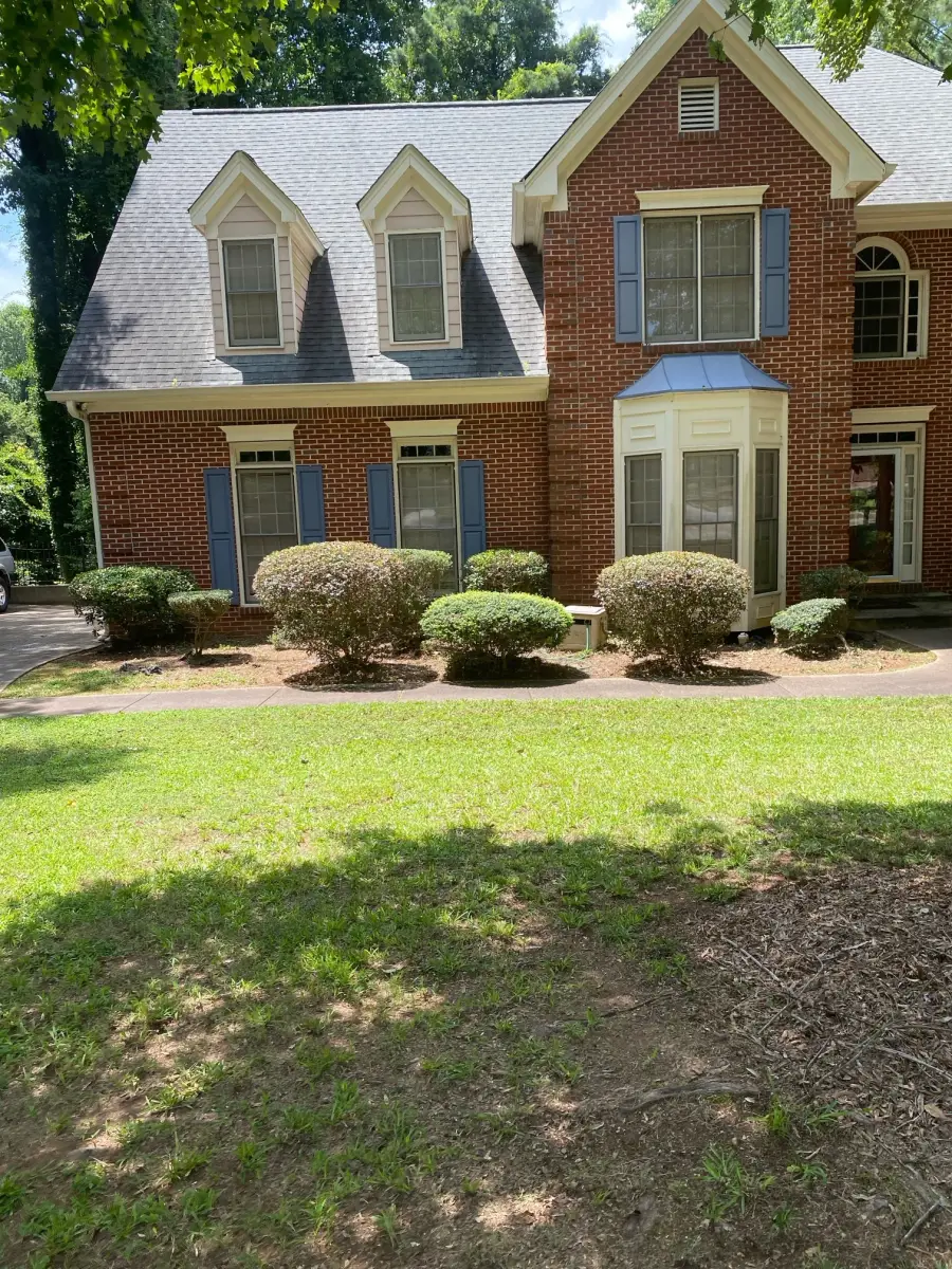 Row of neatly rounded shrubs in a mulch bed in front of a brick house